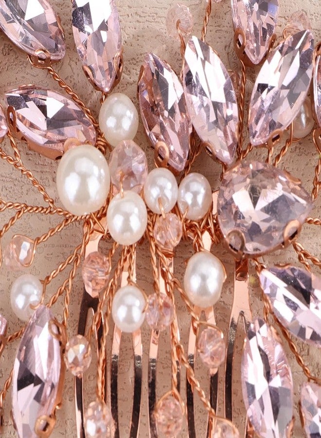 Rumtock Pink Crystal Hair Comb with Pearl Side Headpiece for Wedding Brides Women Handmade Jewelry (Pink) - Image 4